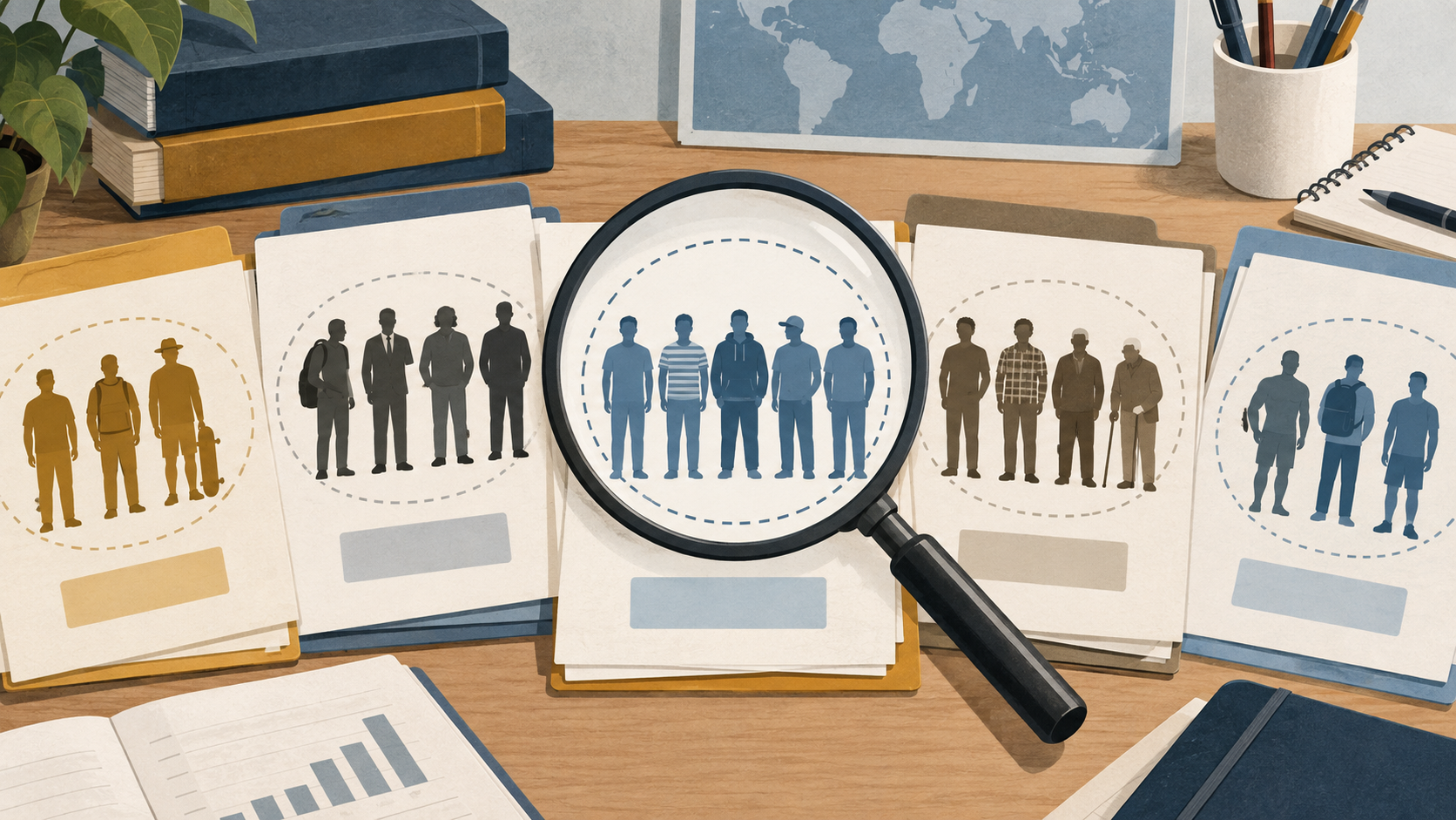 A magnifying glass isolates one group of study participants while separate cohorts remain visible, showing that a prevalence estimate depends on the population measured.